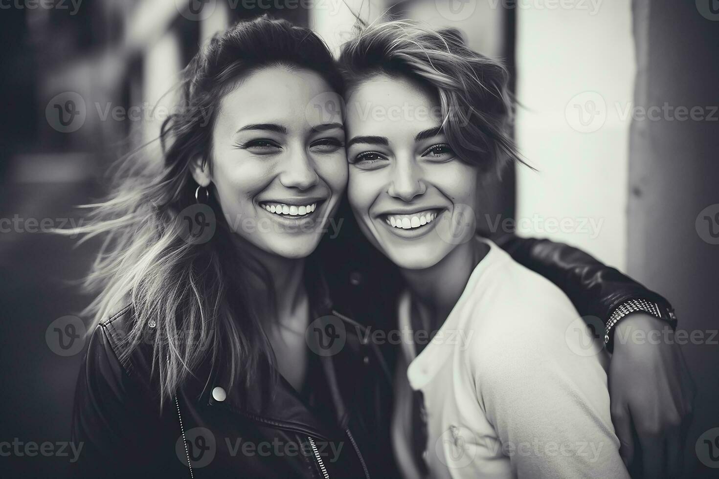 AI generated Tow happy friends, black and white footage photo