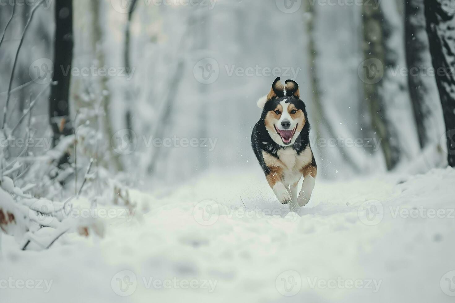 AI generated Happy running dog on winter snow forest photo