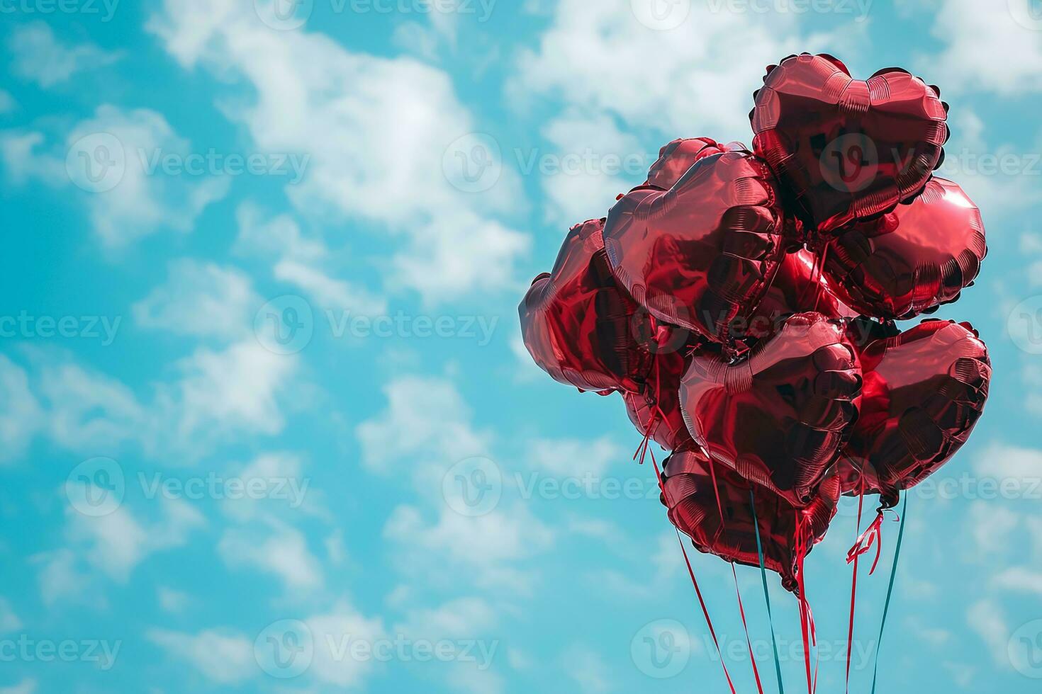 AI generated Red heart shaped foil air balloons floating on blue cloudy sky, Valentine's Day celebration photo