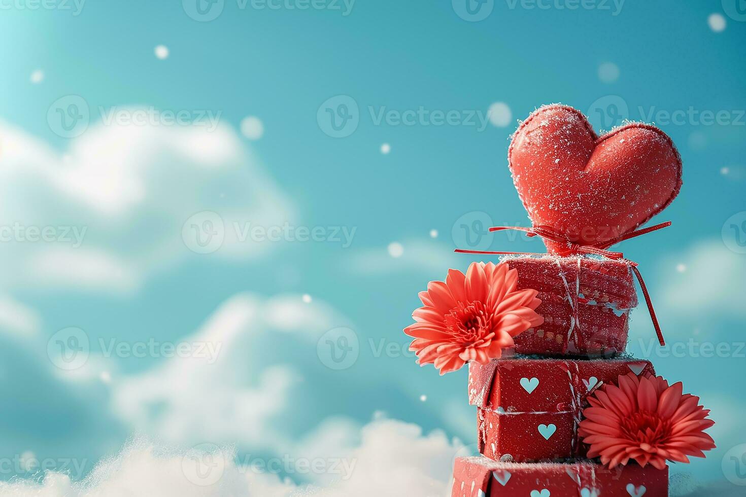 AI generated Red gifts with rose flowers on blue cloudy background, Happy valentine day concept photo