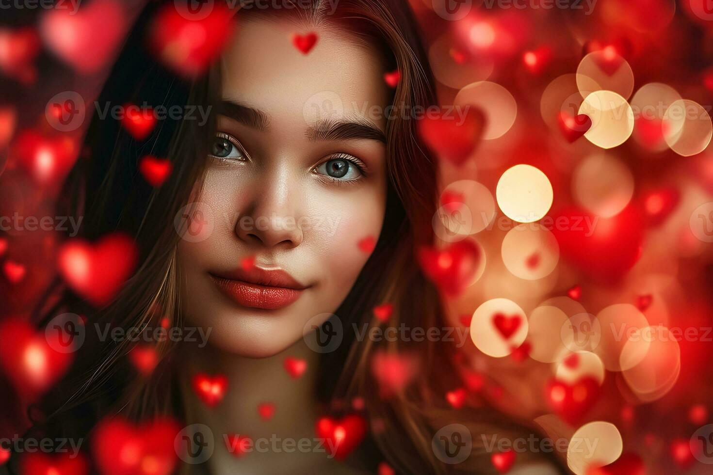 AI generated Yung girl portrait tenderly surrounded by romantic atmosphere of floating hearts photo