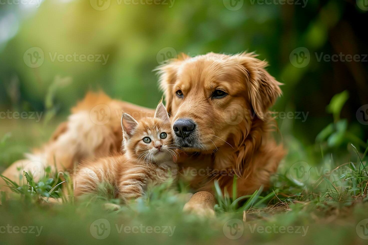 ai generado contento pequeño naranja habanero perrito perro y gato son sentado en el césped foto