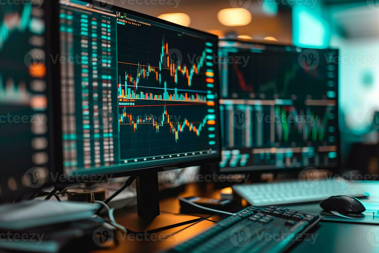 AI generated Stock market financial statistics on computer screens setup photo