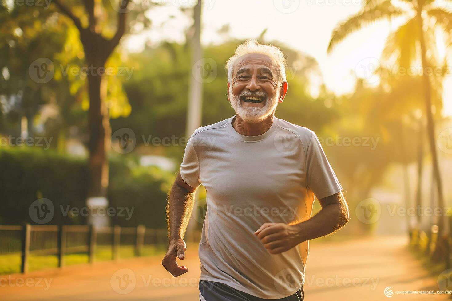 AI generated portrait photography of happy senior citizen who is jogging for finesse photo