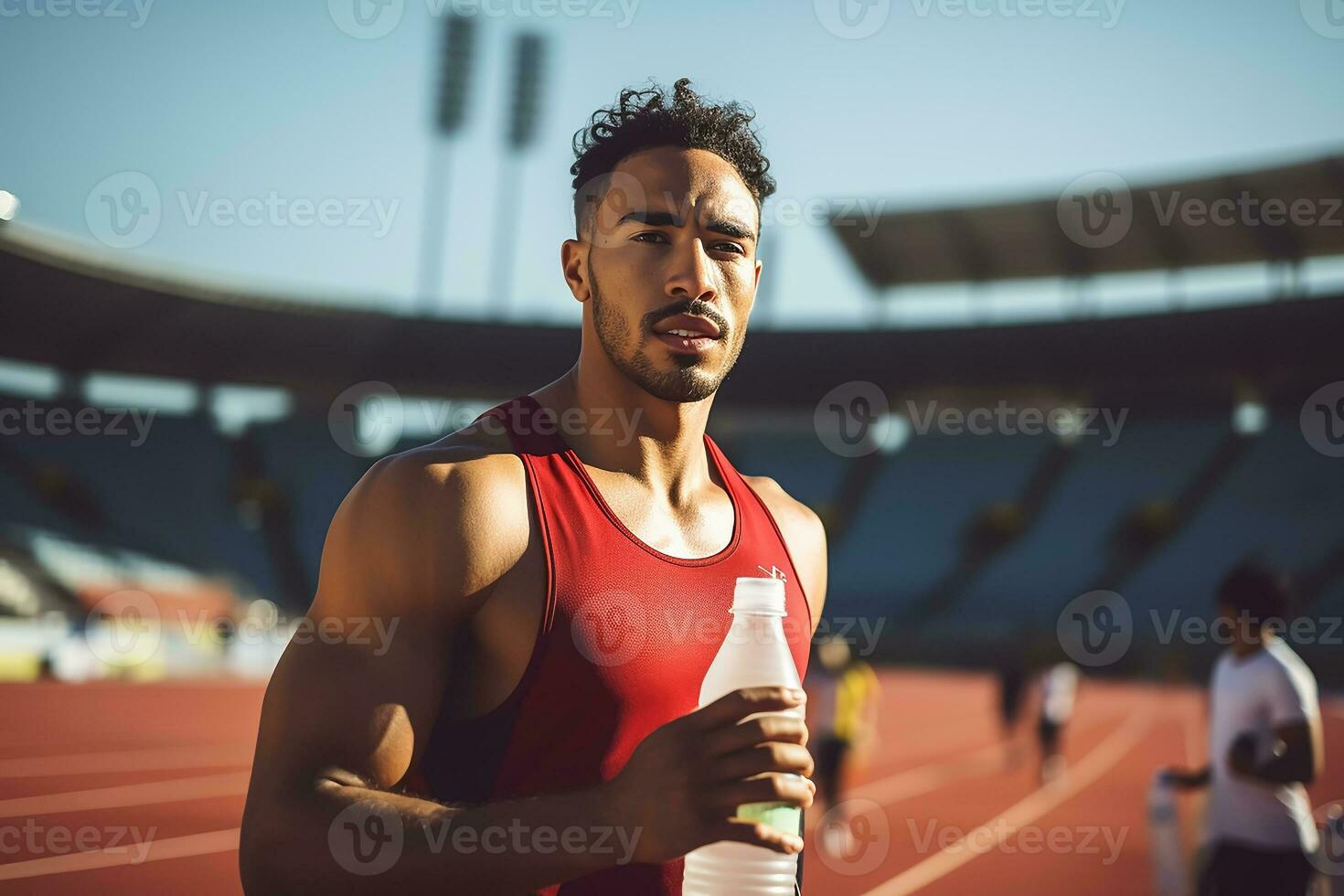 AI generated A happy smiling man who is walking, he is holding a water bottle photo