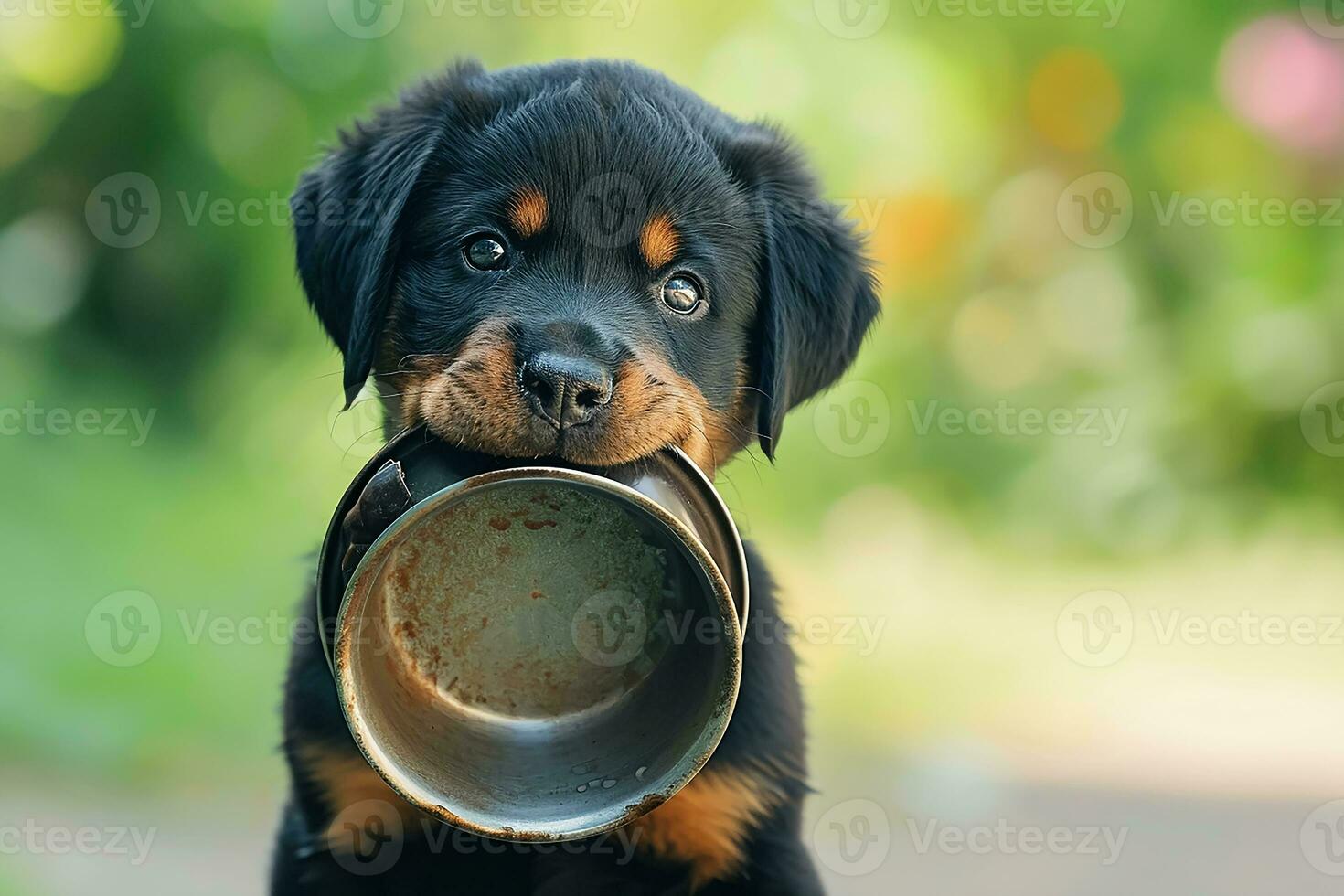 AI generated Rottweiler puppy holding a bowl in his mouth photo