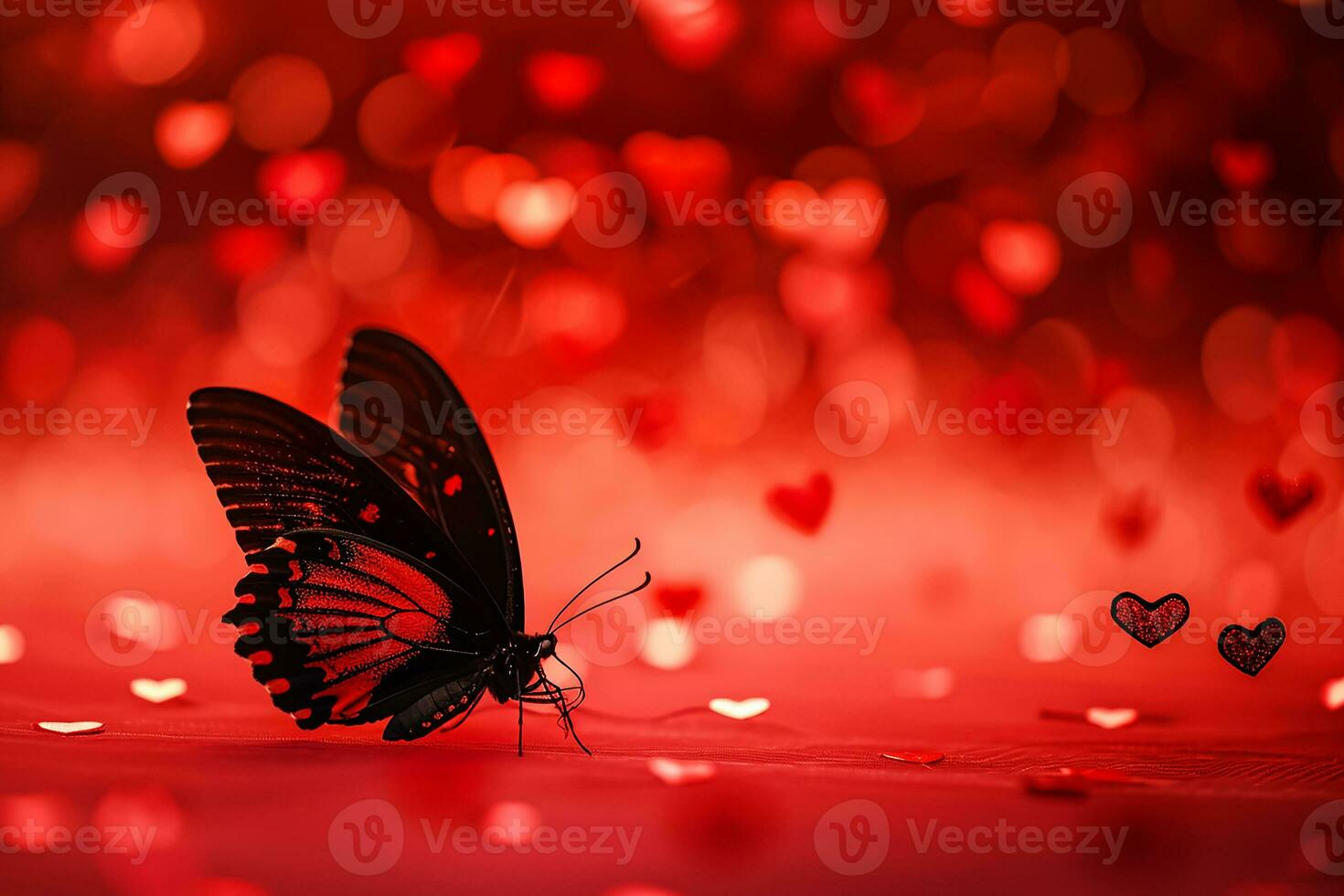 AI generated red color background surrounded by romantic atmosphere of floating Red heart shaped cutout papers photo