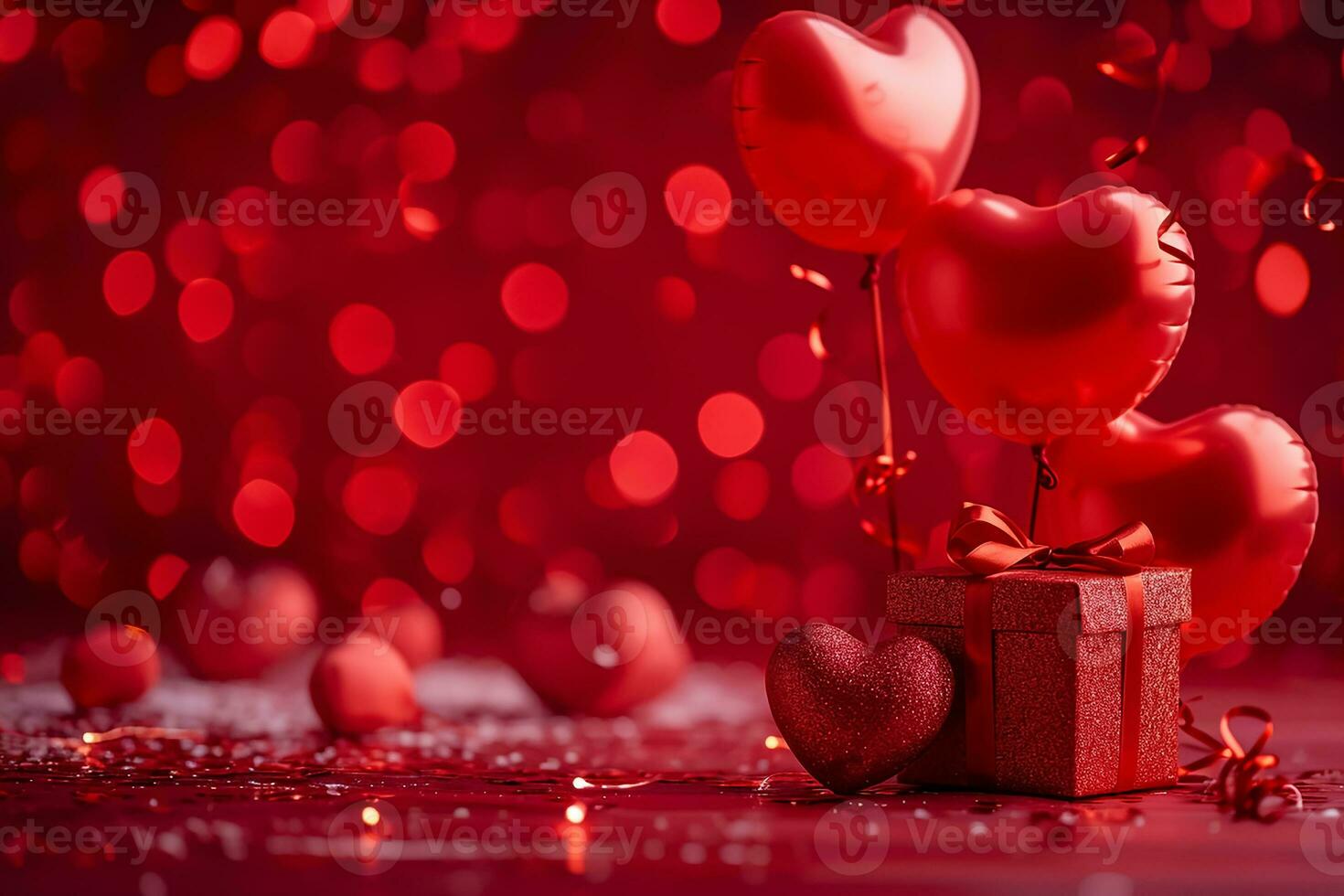 AI generated red color background surrounded by romantic atmosphere of floating Red heart shaped cutout papers photo