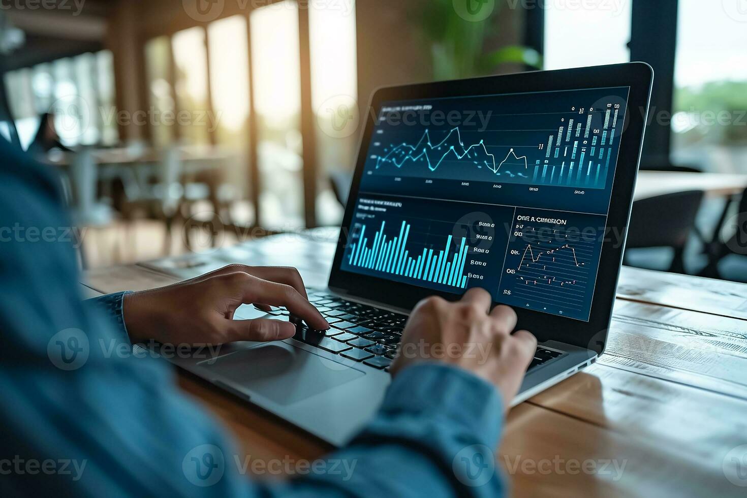 AI generated Businessman or data scientist working on laptop with business dash board analytics chart metrics photo