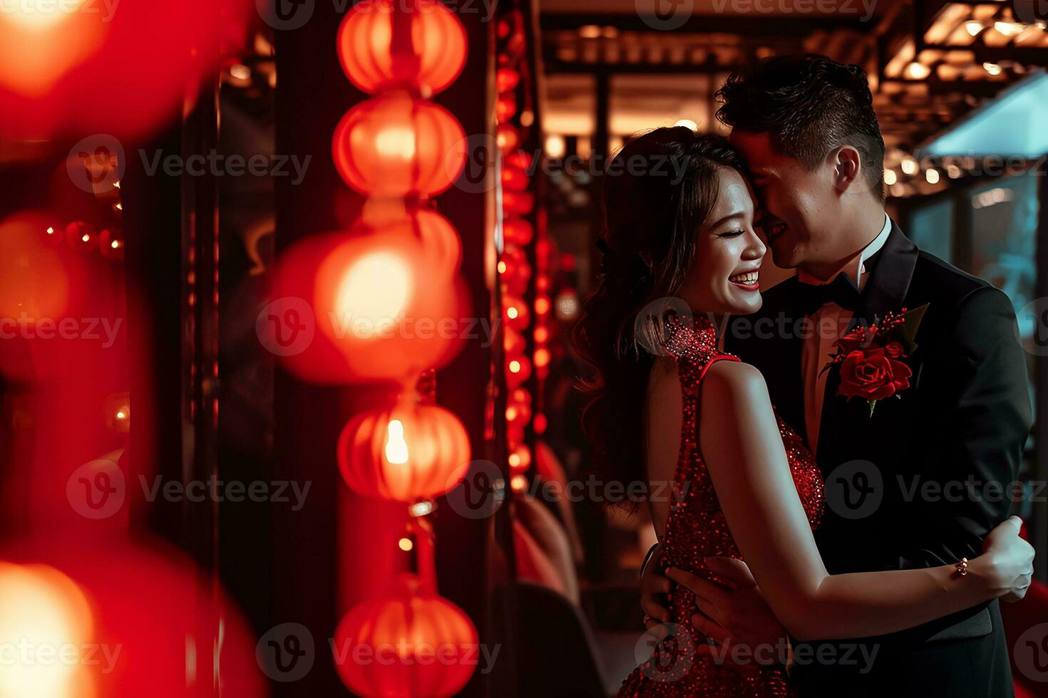 AI generated Lovely couple in happiness together, luxurious setting Happy valentine day concept photo