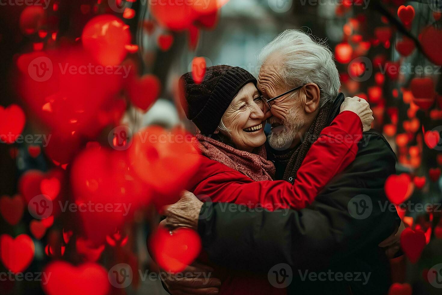AI generated Elderly smiling couple portrait tenderly surrounded by romantic atmosphere of floating hearts. photo