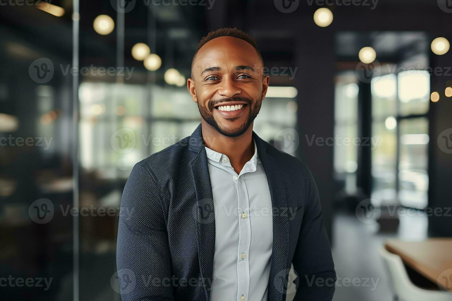 AI generated A happy professional black man, light blurry background photo