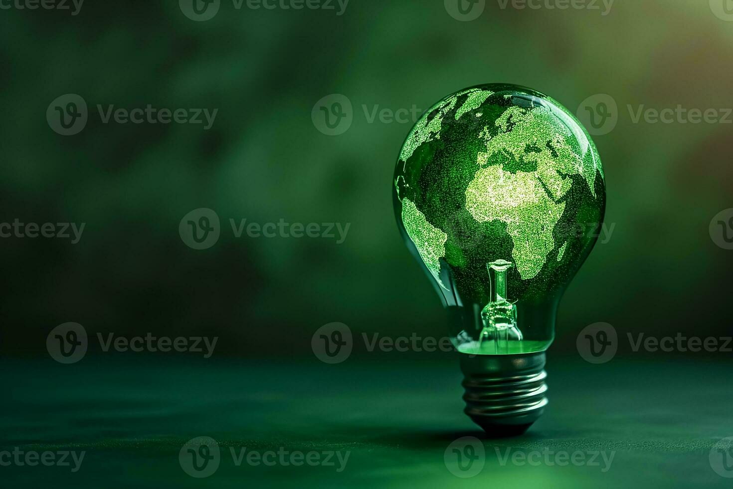 AI generated Green World Map Print On The Light Bulb With Green Theme photo