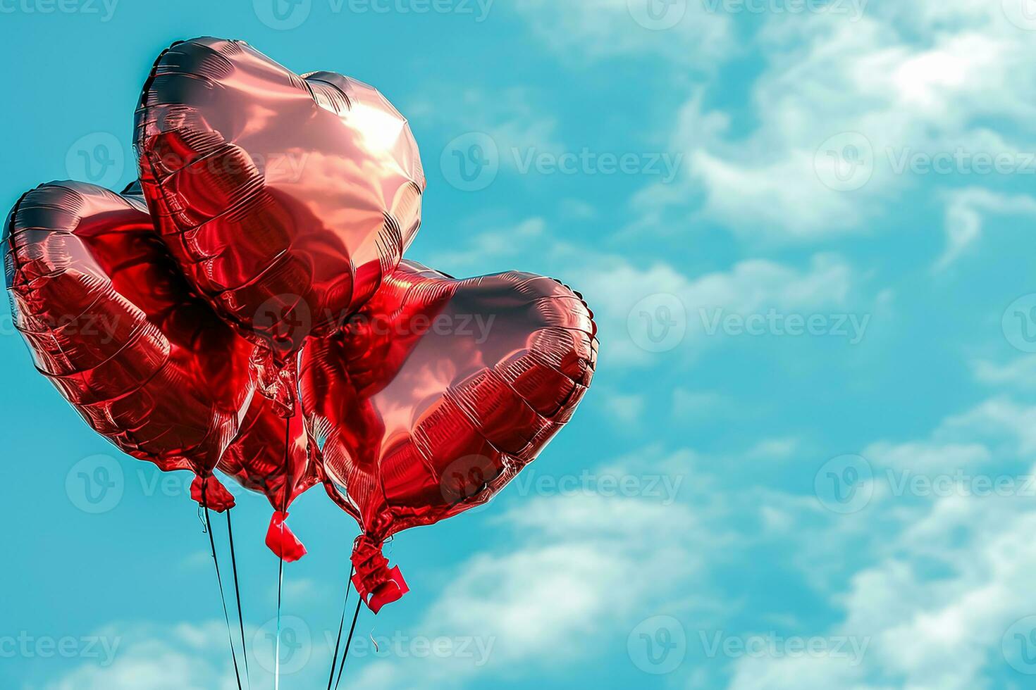 AI generated Red heart shaped foil air balloons floating on blue cloudy sky, Valentine's Day celebration photo