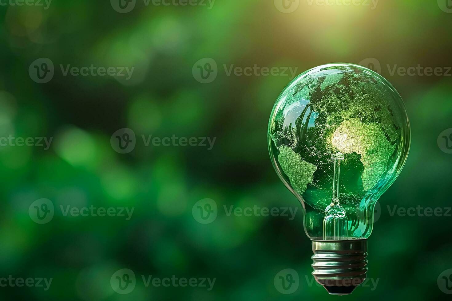 AI generated Green World Map Print On The Light Bulb With Green Theme photo