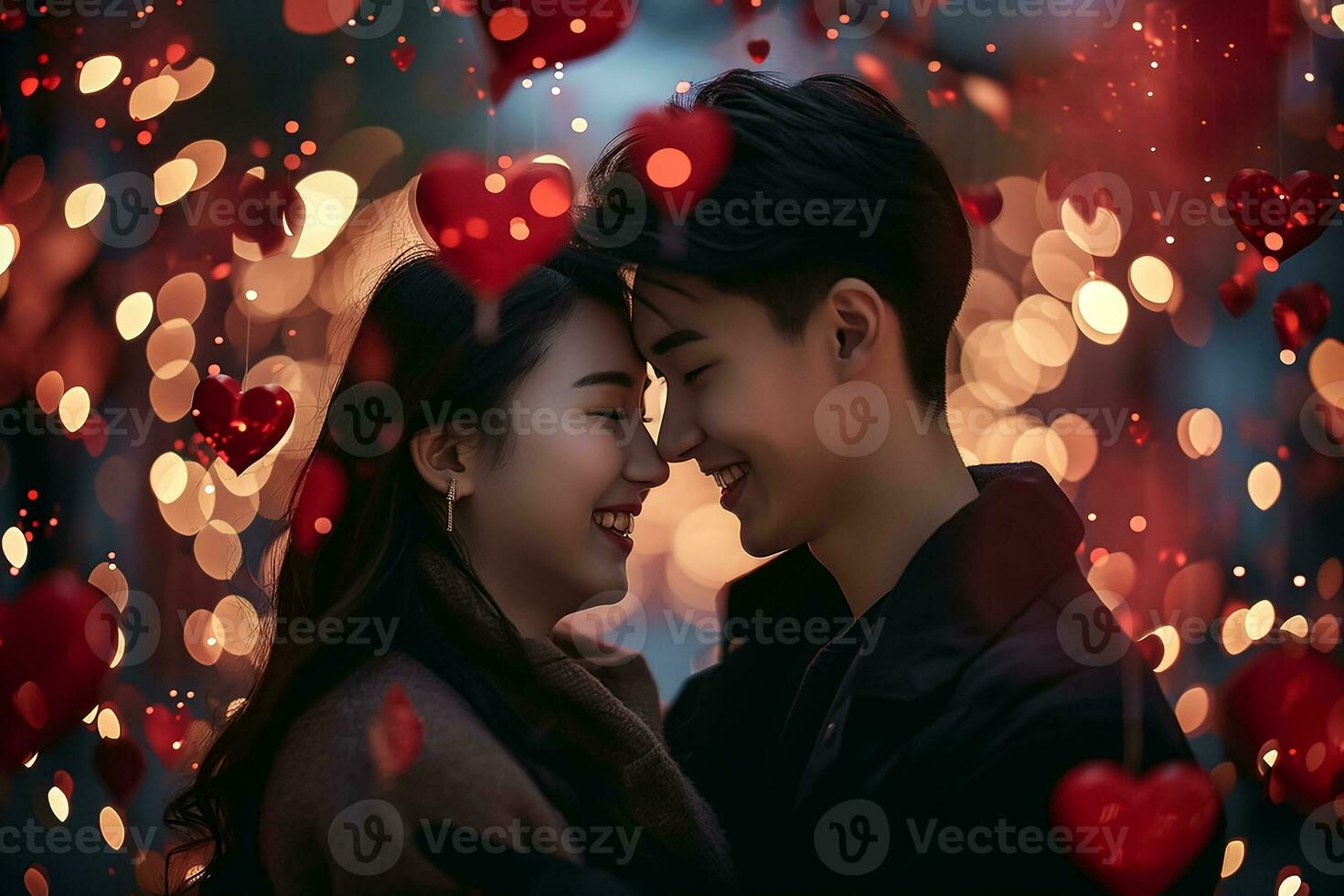 AI generated Yung smiling couple portrait tenderly surrounded by romantic atmosphere of floating hearts. photo