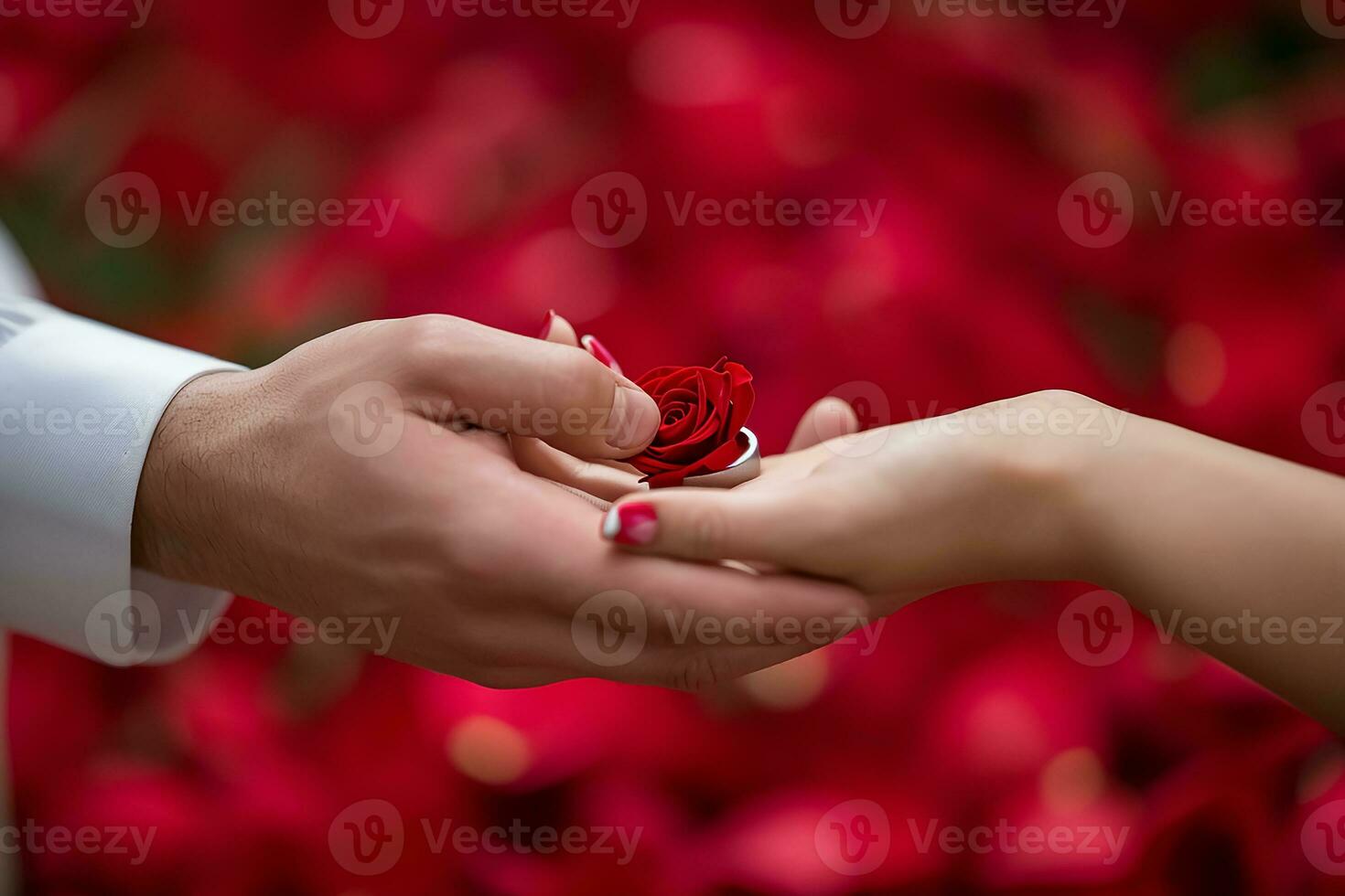 AI generated Man present ring to woman. offer engagement ring for marriage proposal. photo