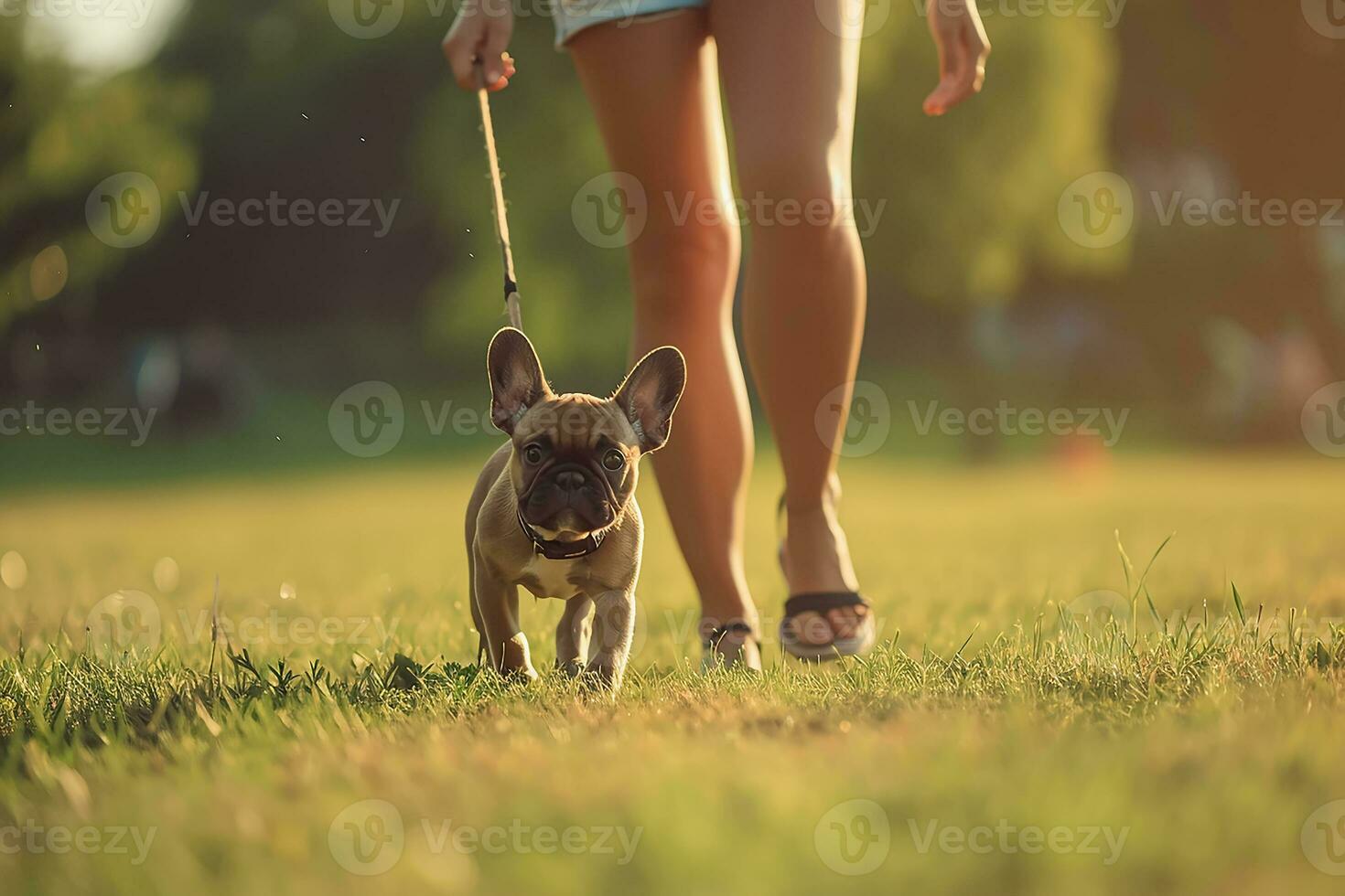 AI generated American woman is playing with her french bulldog puppy while walking in the dog park at grass lawn photo