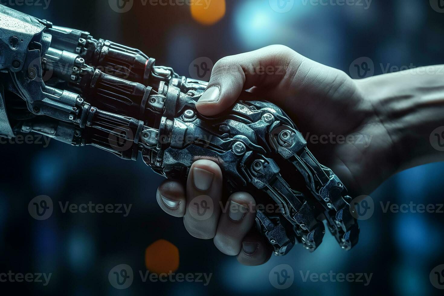 ai generado apretón de manos humano y robot en electrónico bokeh antecedentes foto