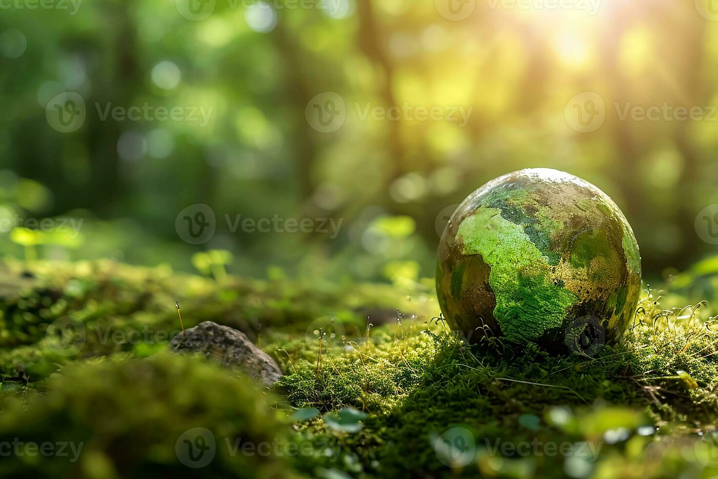 AI generated Global Earth On Soil In Forest With Ferns And Sun Shine photo