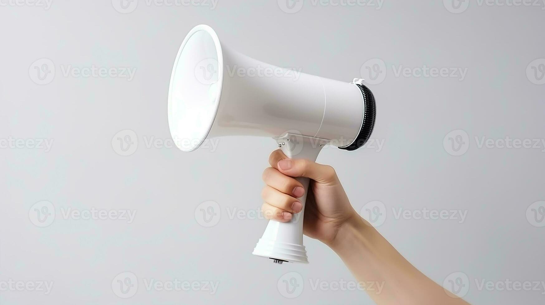 AI generated Hand holding megaphone over white background photo