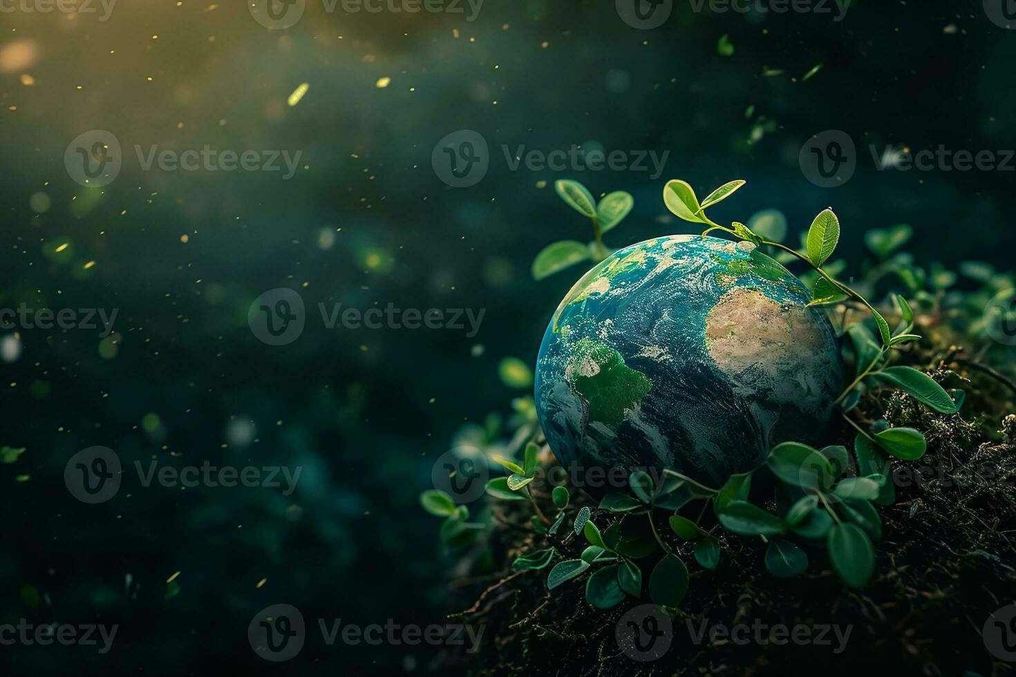 AI generated Global Earth On Soil In Forest With Ferns And Sun Shine photo