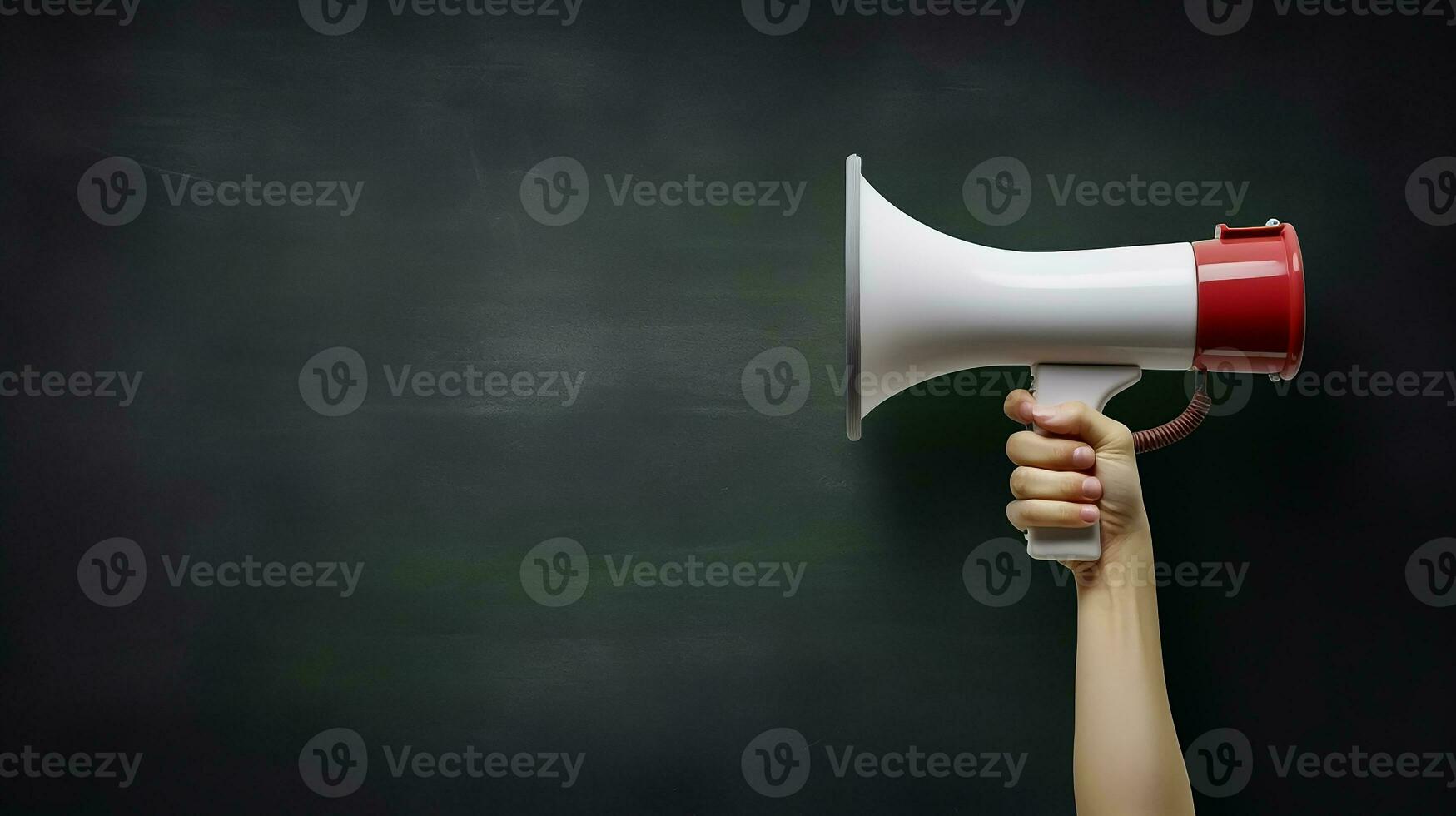 AI generated Hand holding megaphone over chalkboard background with copy space photo