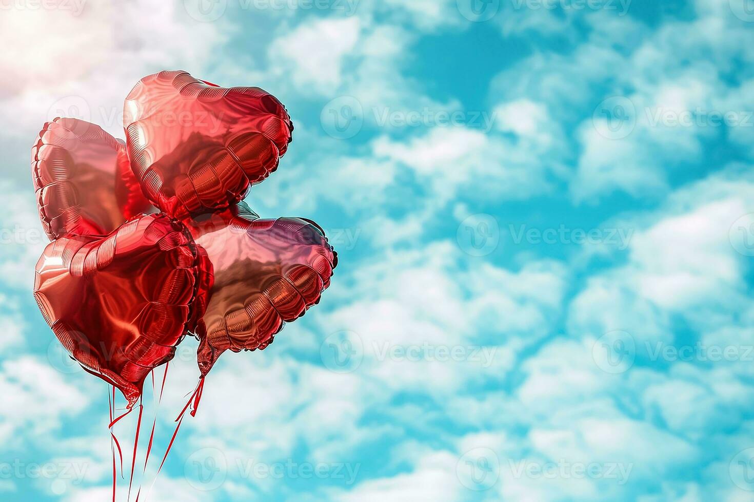 AI generated Red heart shaped foil air balloons floating on blue cloudy sky, Valentine's Day celebration photo