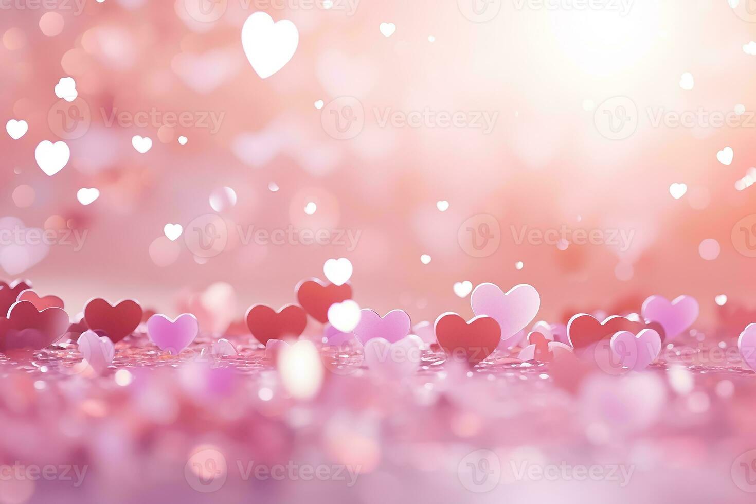 AI generated red color background surrounded by romantic atmosphere of floating Red heart shaped cutout papers photo