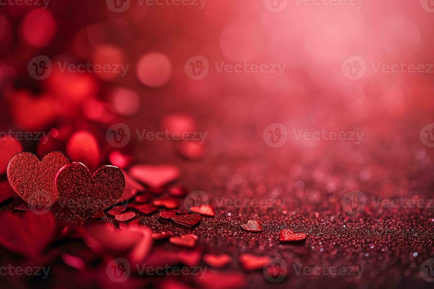 AI generated red color background surrounded by romantic atmosphere of floating Red heart shaped cutout papers photo