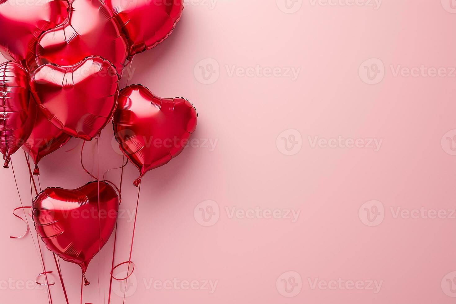 ai generado rojo corazón conformado globos en rosado fondo, San Valentín día celebracion foto