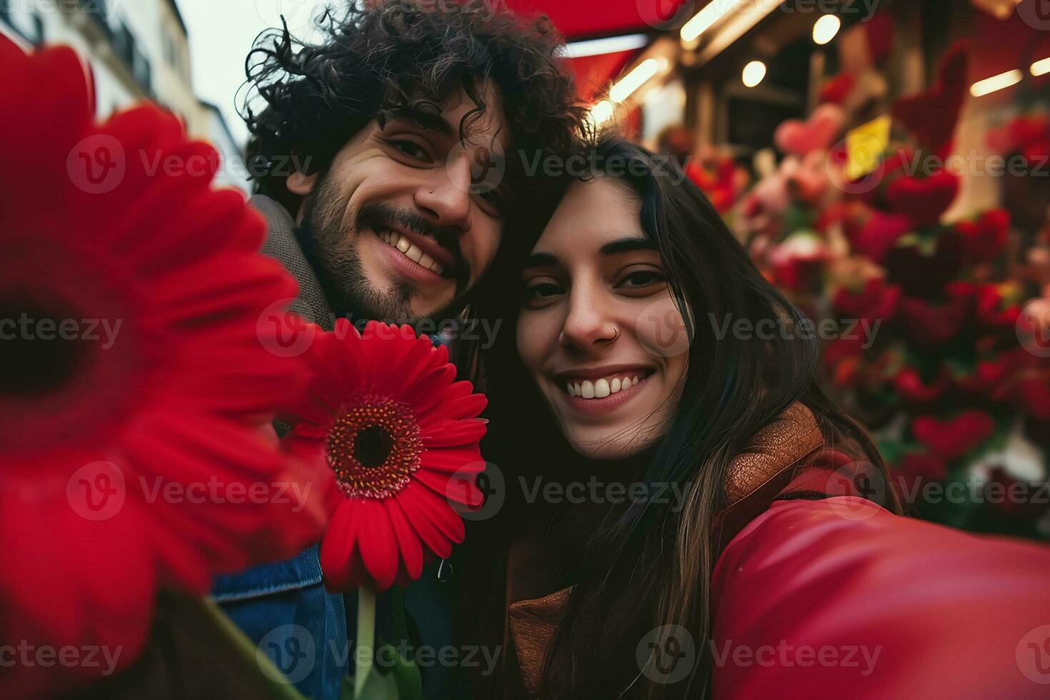 AI generated Joyful lovely couple taking selfie on valentines day, Happy valentine day concept photo