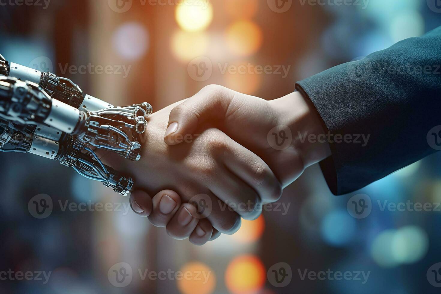 ai generado apretón de manos humano y robot en electrónico bokeh antecedentes foto