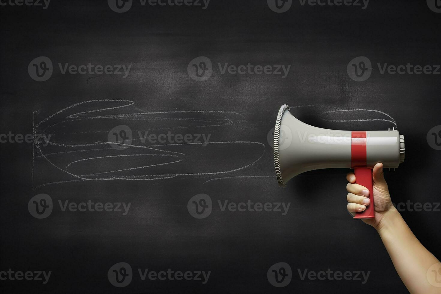 AI generated Hand holding megaphone over chalkboard background with copy space photo