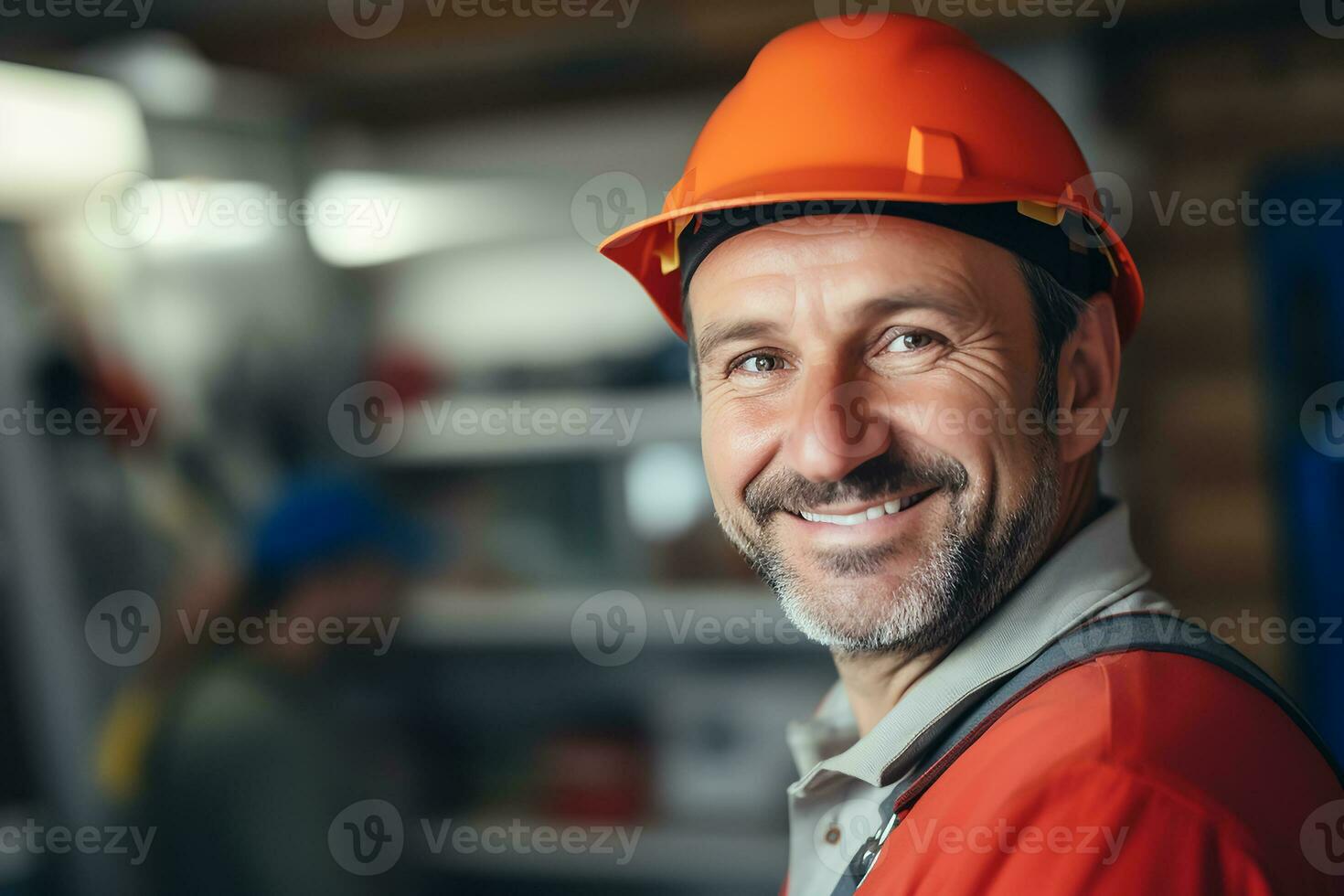 AI generated A happy plumber man and blurry background, closeup photo