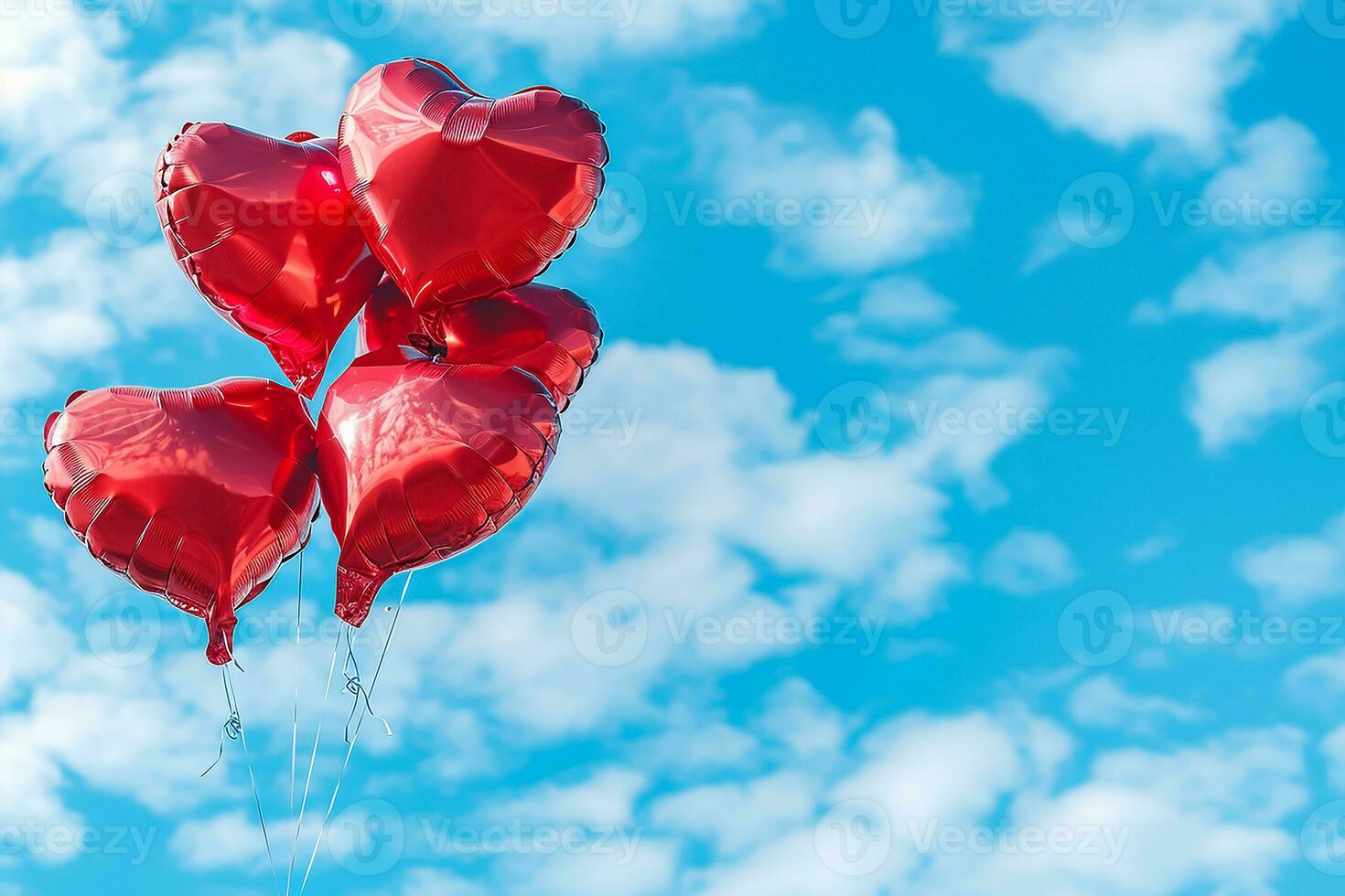 AI generated Red heart shaped foil air balloons floating on blue cloudy sky, Valentine's Day celebration photo