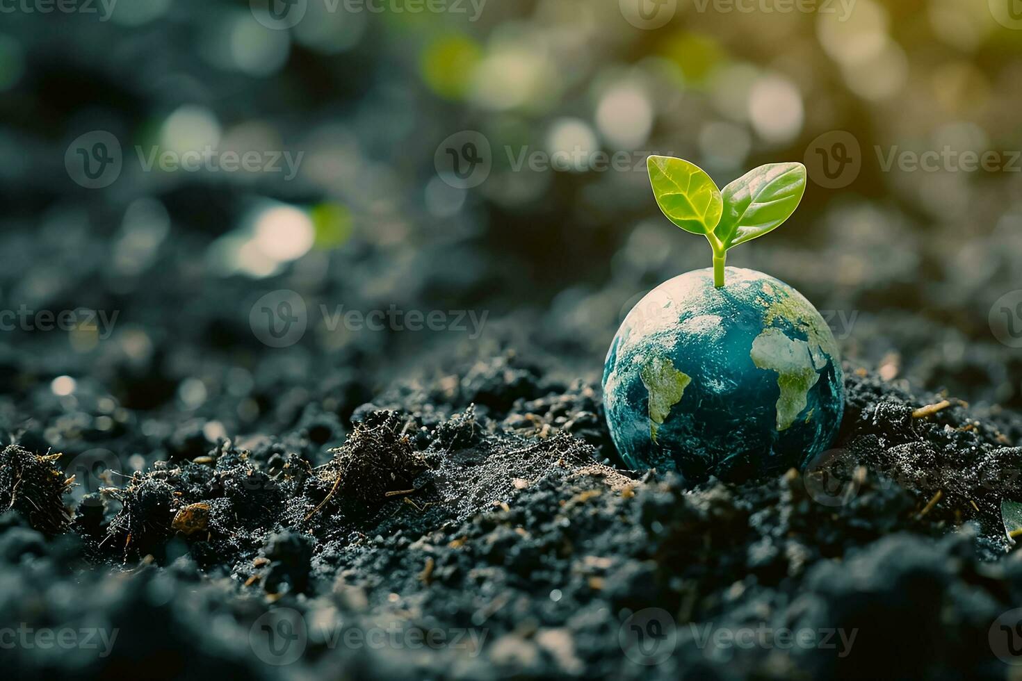 AI generated Global Earth On Soil In Forest With Ferns And Sun Shine photo