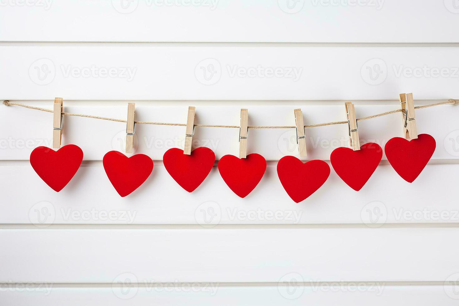 AI generated Red hearts hang on wooden clothes pegs on white color background, Happy valentine day concept photo