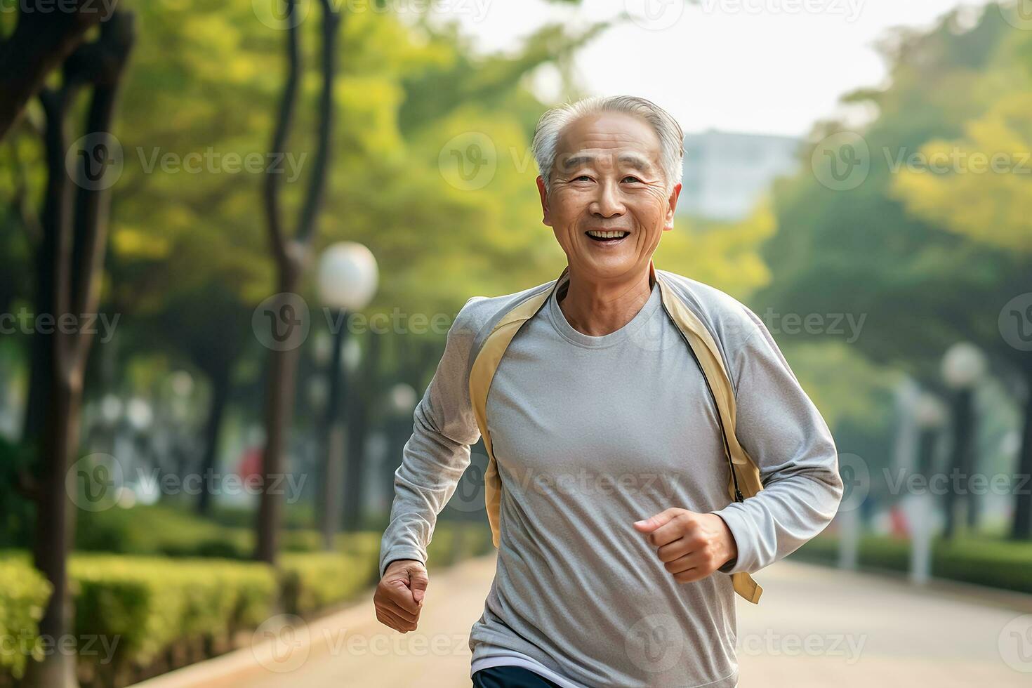 AI generated portrait photography of happy senior citizen who is jogging for finesse photo