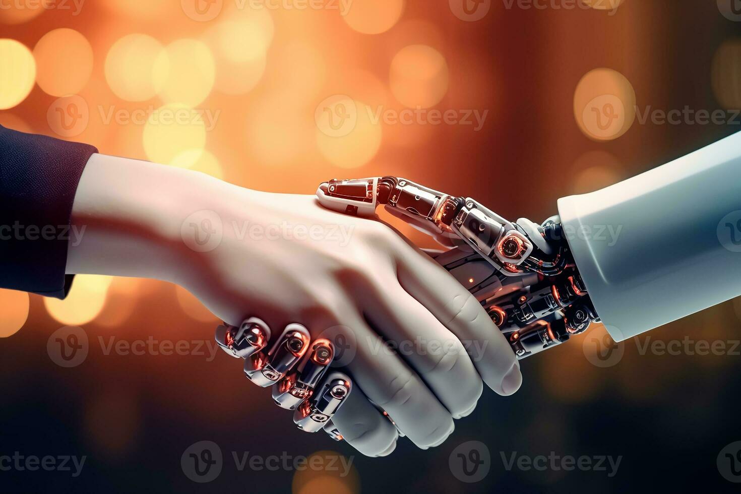 ai generado apretón de manos humano y robot en electrónico bokeh antecedentes foto