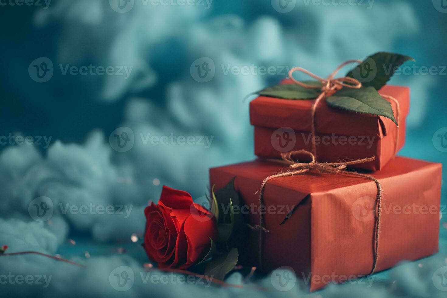 AI generated Red gifts with rose flowers on sky blue clouds, Happy valentine day concept photo