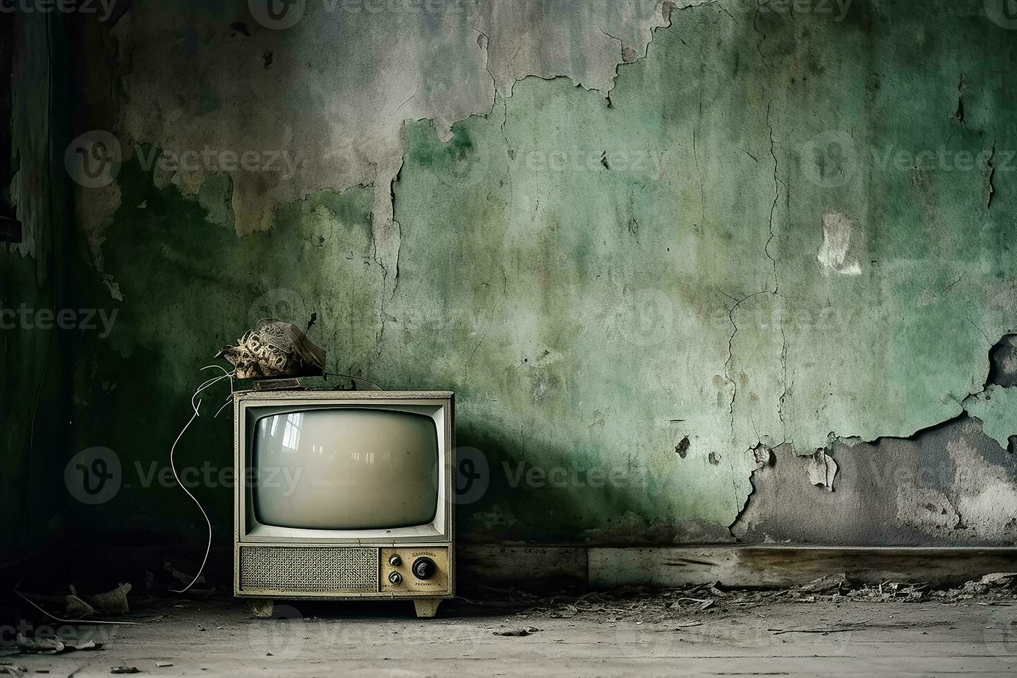 AI generated Closeup photograph of old crt tv in front of old wall photo