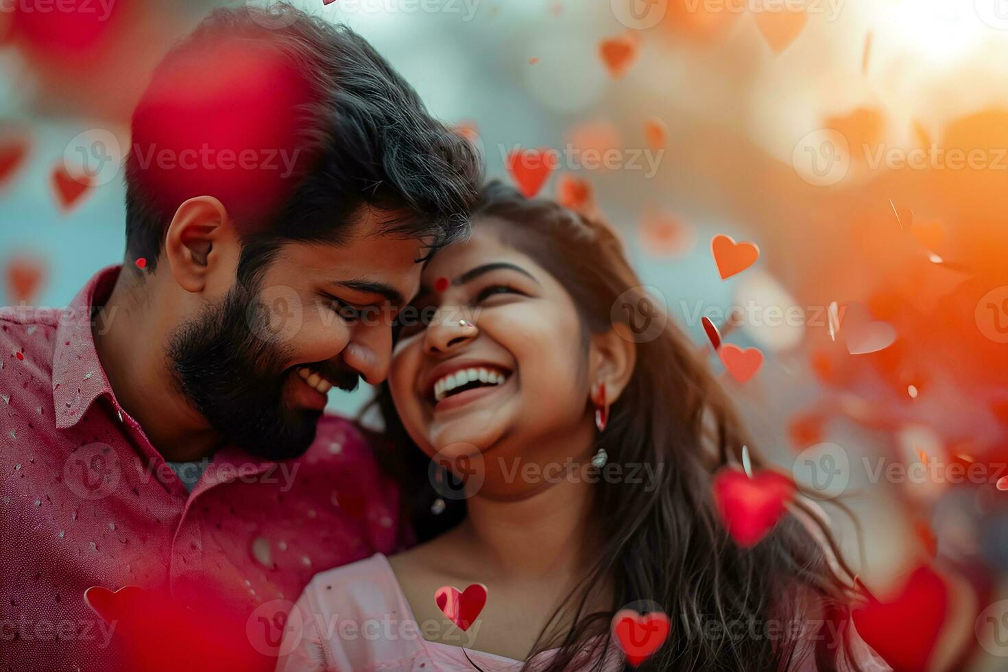 AI generated Indian Yung smiling couple portrait tenderly surrounded by romantic atmosphere of floating hearts. photo