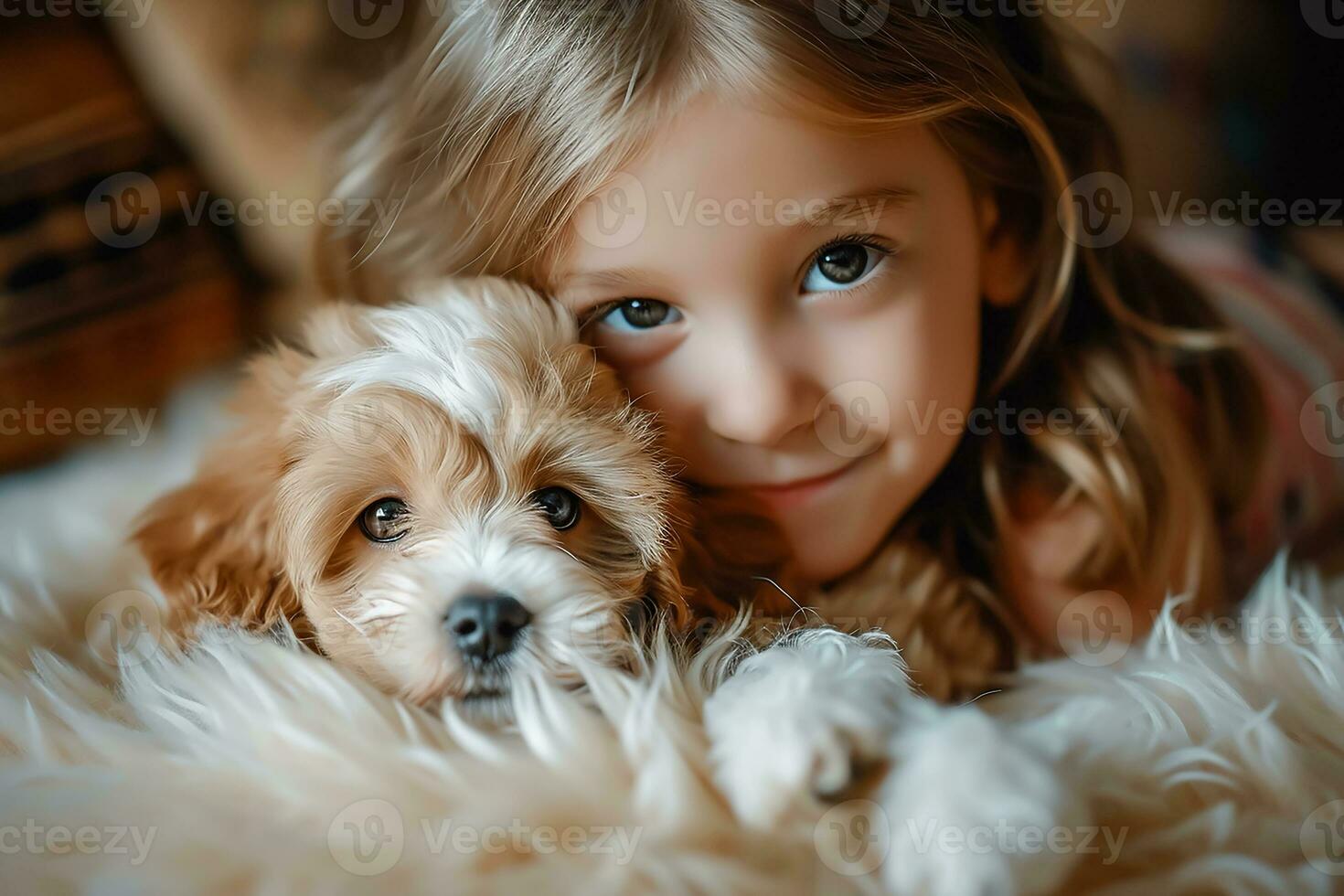 AI generated Little girl with her puppy at home photo