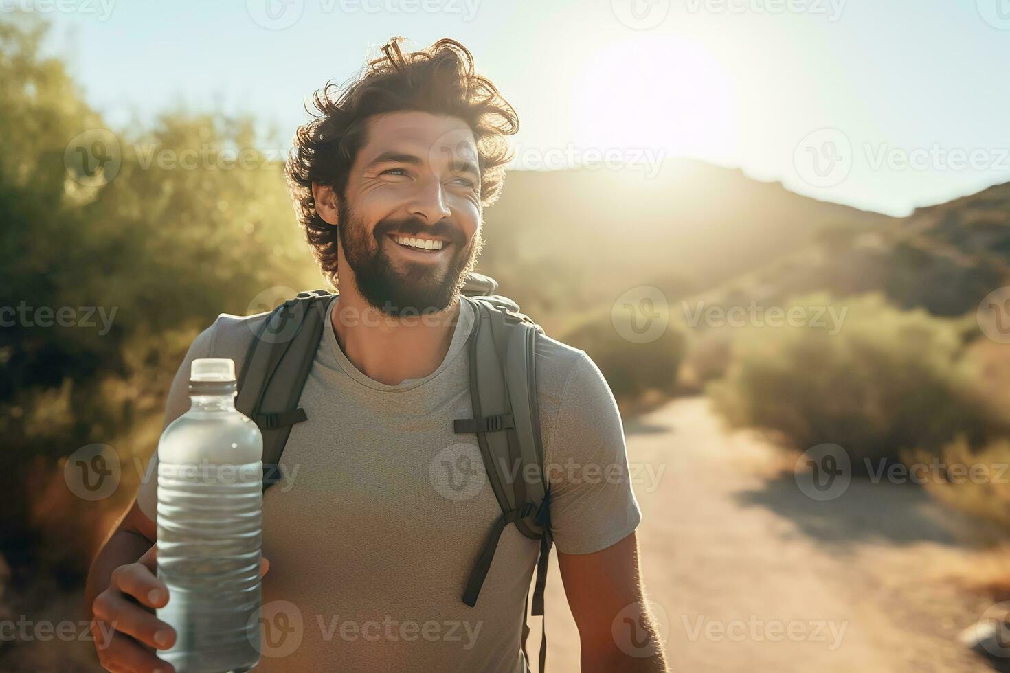 AI generated A happy smiling man who is walking, he is holding a water bottle photo