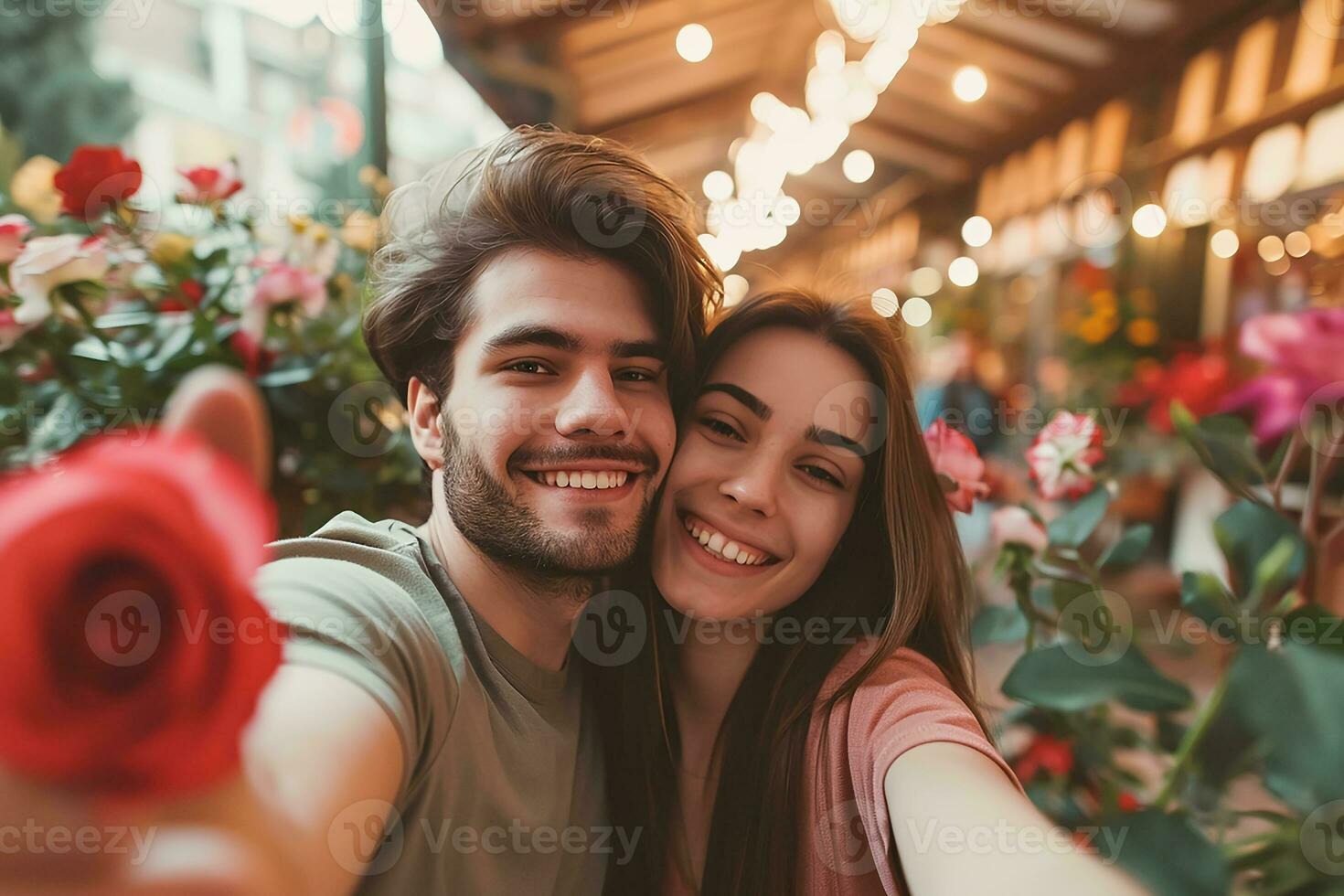 AI generated Joyful lovely couple taking selfie on valentines day, Happy valentine day concept photo