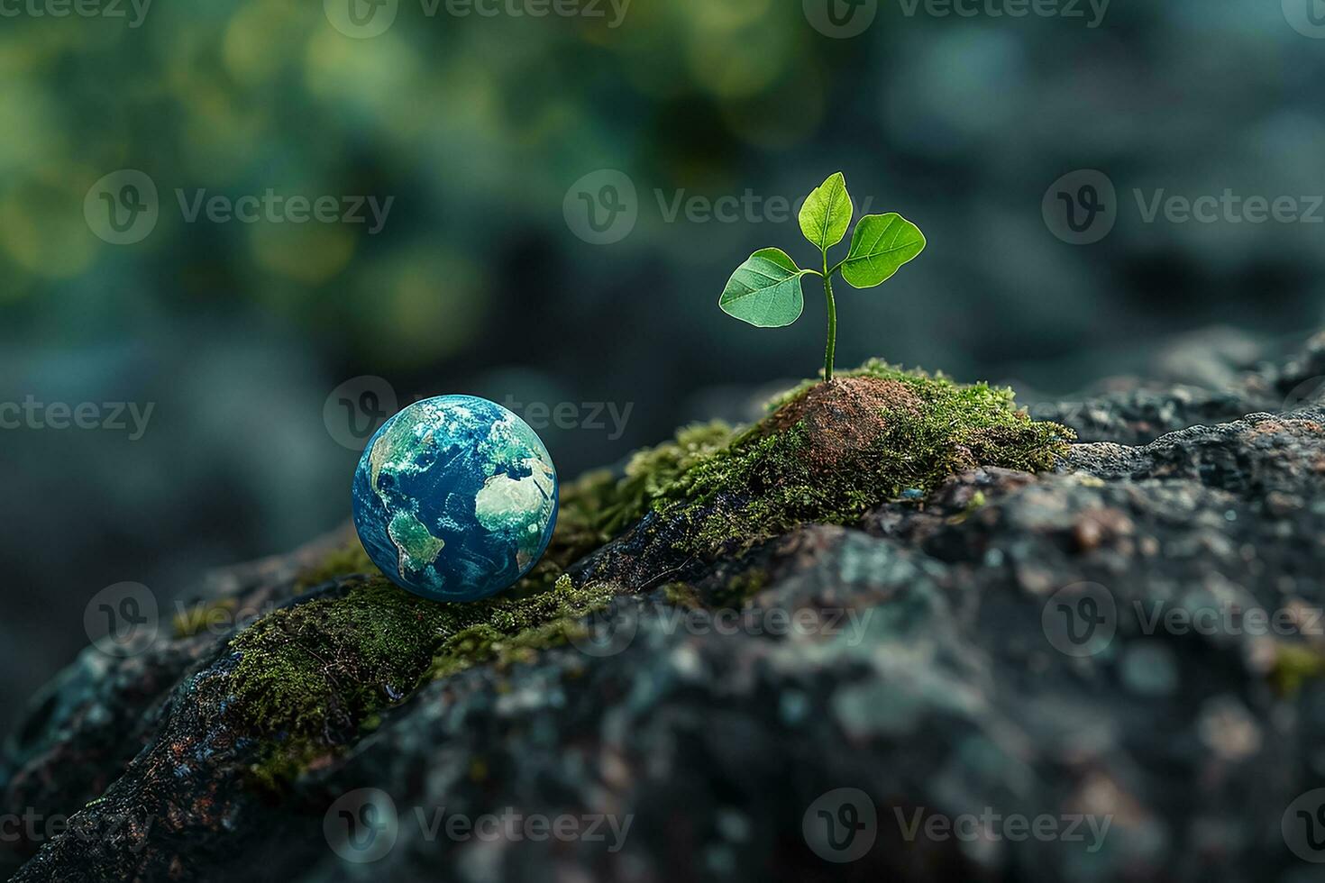 AI generated Global Earth On Soil In Forest With Ferns And Sun Shine photo