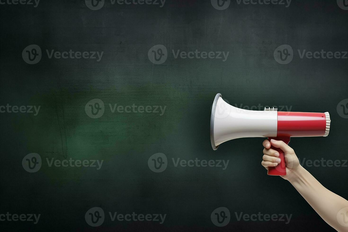 AI generated Hand holding megaphone over chalkboard background with copy space photo