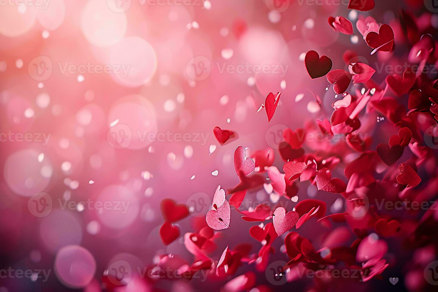 AI generated red color background surrounded by romantic atmosphere of floating Red heart shaped cutout papers photo