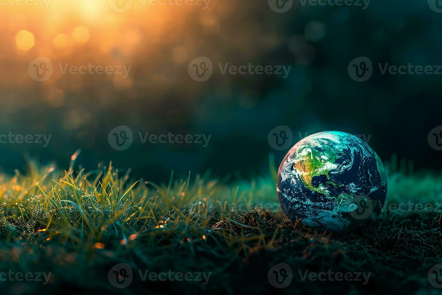 AI generated Global Earth On Soil In Forest With Ferns And Sun Shine photo